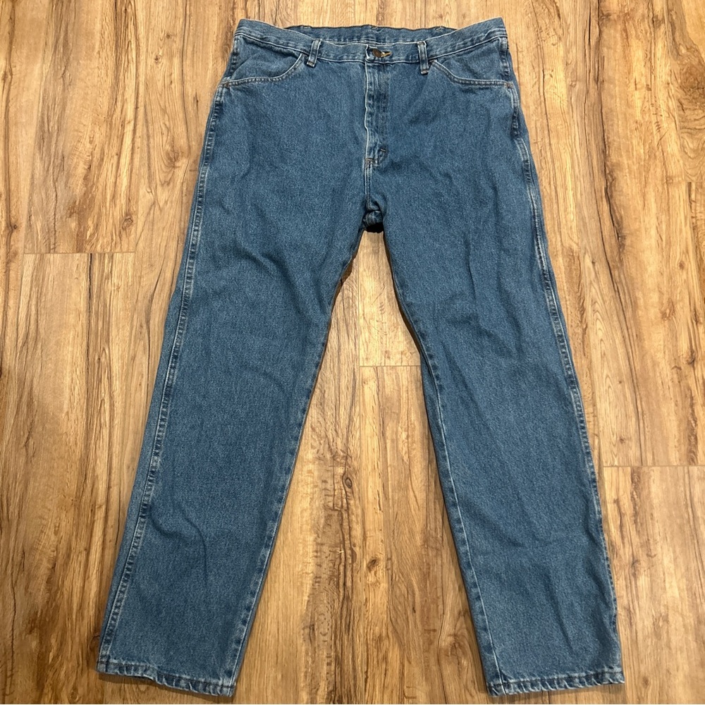Men’s Rustler By Wrangler 38x32 Denim Jeans Boot Cut Blue Straight Leg Western